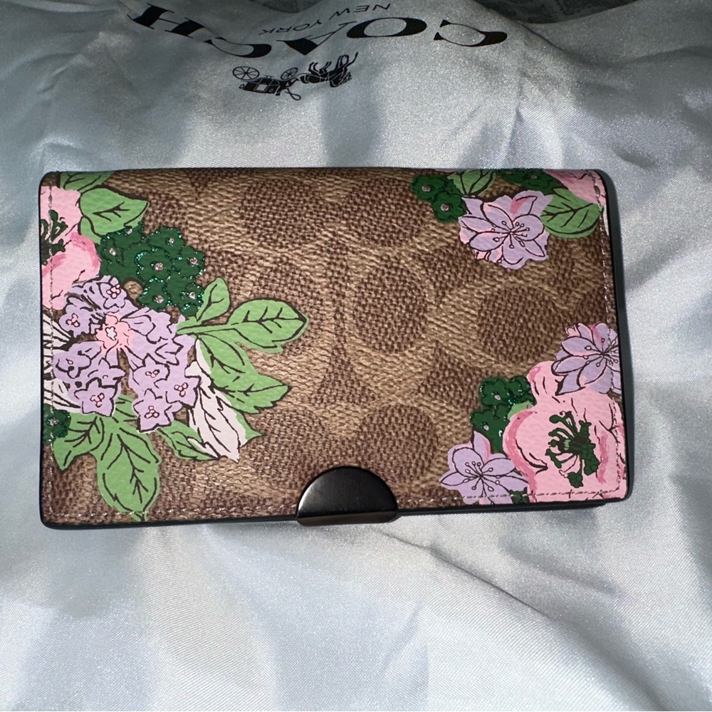 Coach Brown Wallet with Pink and Green Floral Design